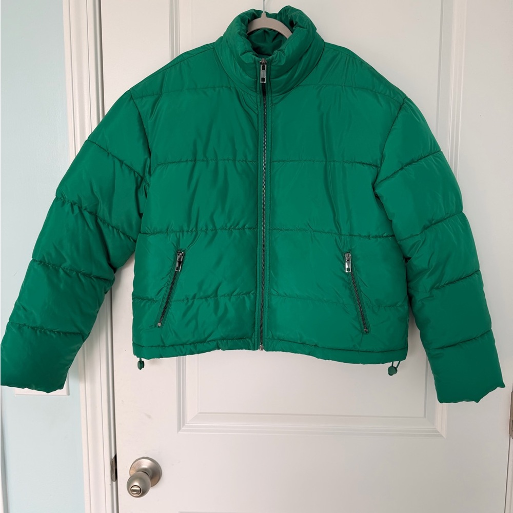 The Drop Green Cropped Puffer Jacket Womens Small Zip Up Quilted Winter Coat